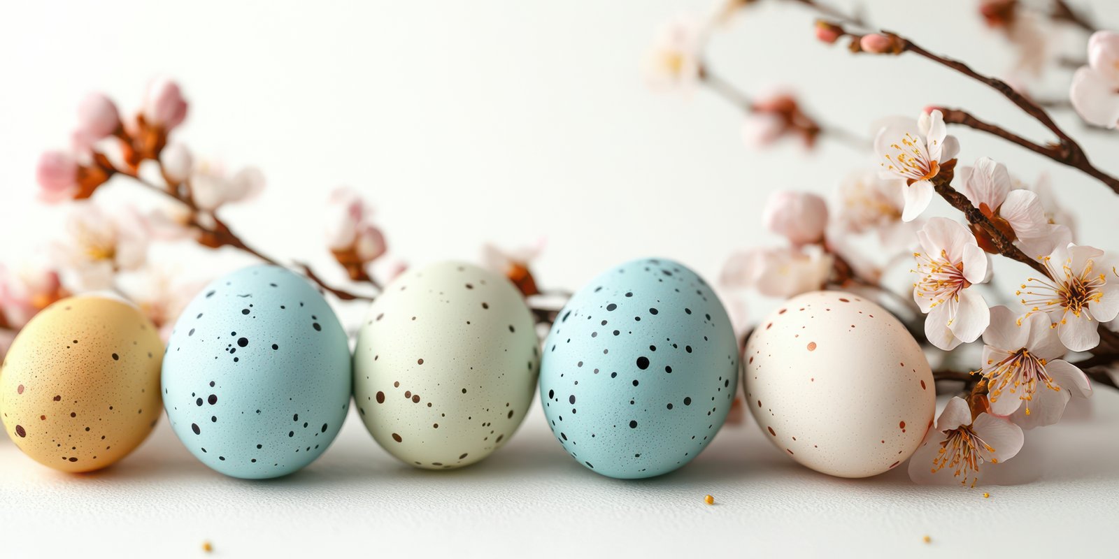 Colorful speckled eggs arranged with delicate spring blossoms on a light background